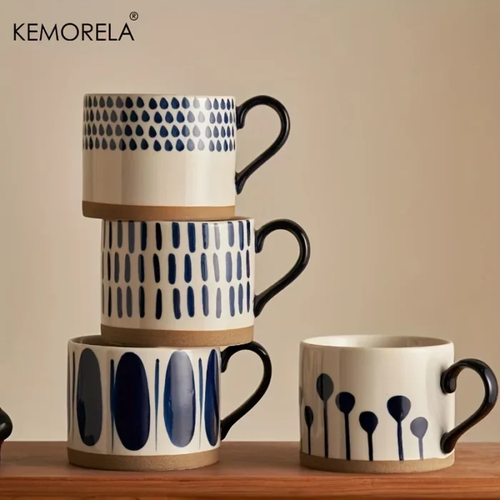 ⁦KEMORELA 1 قطعة 450 مللي الشمال كوب سيراميك القهوة الحليب القدح مع مقبض الرجعية سعة كبيرة اليابانية الإفطار دقيق الشوفان طقم هدايا⁩ - الصورة ⁦1⁩